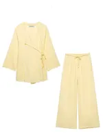 2024 Woman Trouser Set Solid V Neck Casual Kimono Style Lace Up Shirt Top + Elastic Waist Wild Women's Wide Leg Long Pant - Image 5