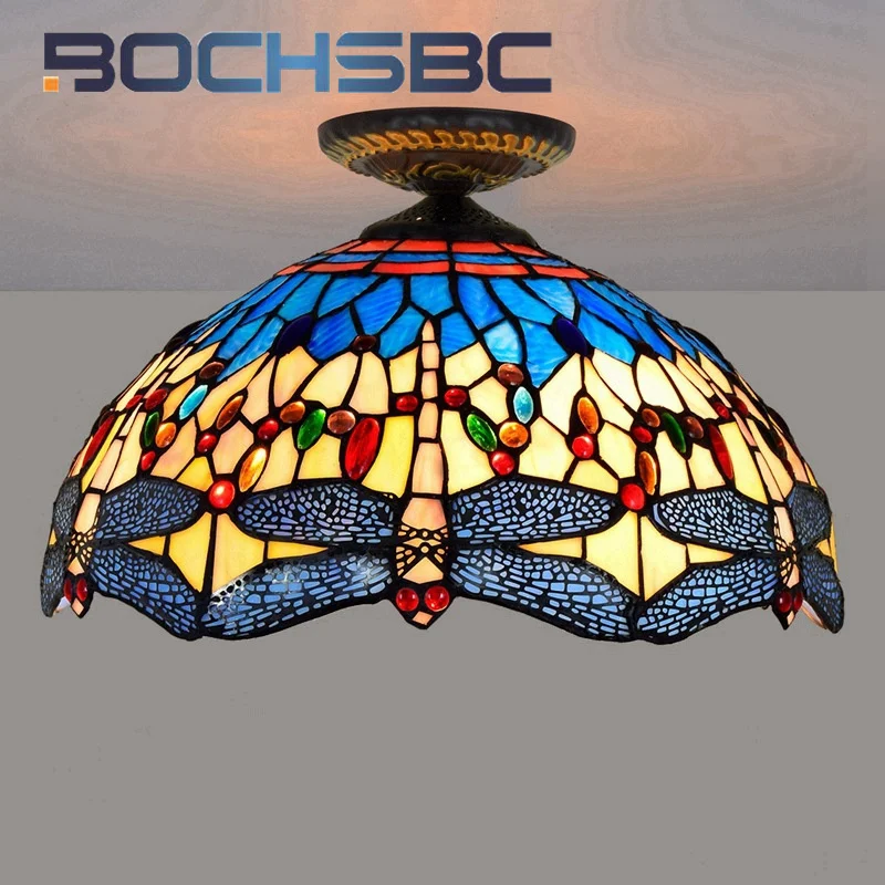 

BOCHSBC Tiffany style stained glass 16inch yellow dragonfly chandelier for dining room bedroom hallway ceiling light LED decor