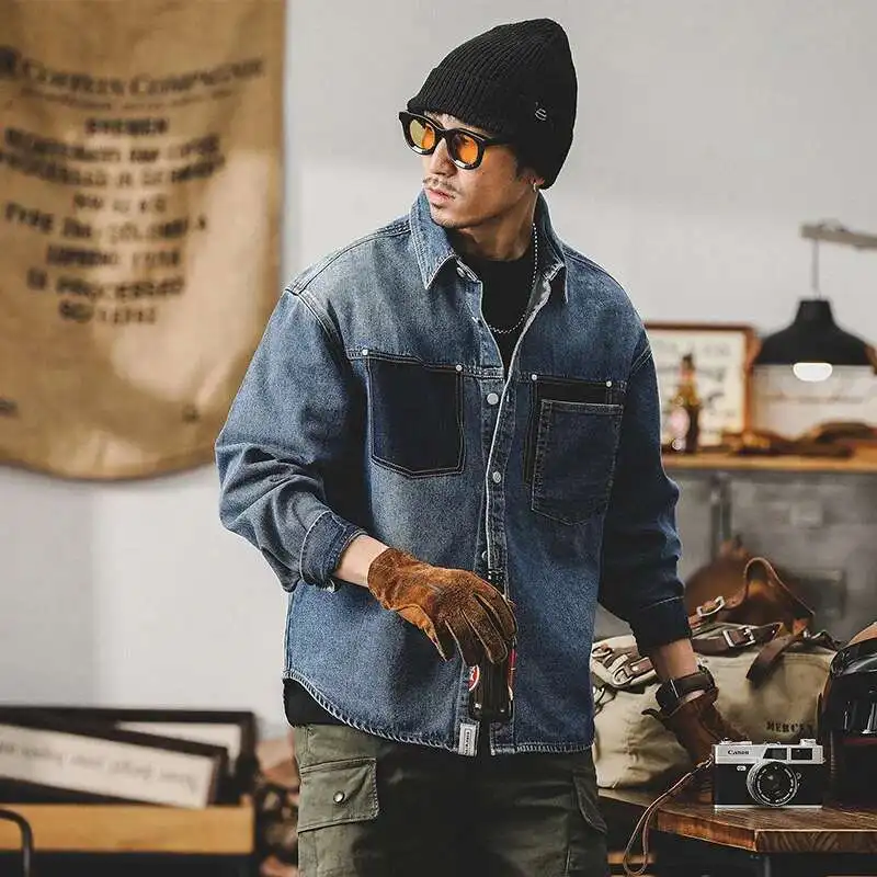 PFNW Spring New Denim Shirt Men's Tide Asymmetrical Colorblock Pocket Design Workwear Top Long-sleeved Shirt Coat 28W6012