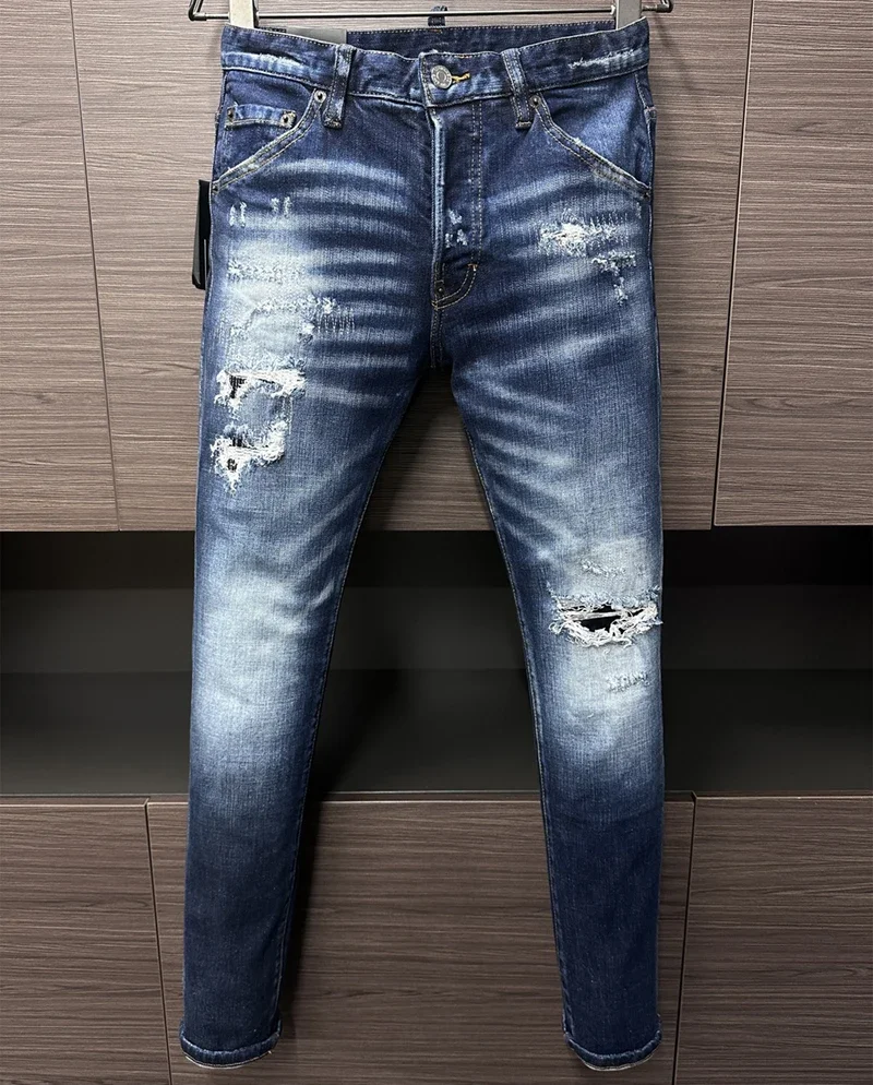 

ICON BRAND Men Jeans DSQ2 Denim Pants Hole Slim Pencil Trousers Metal Buttons Party Clothes Classics D2 Coolguy JEANS Blue