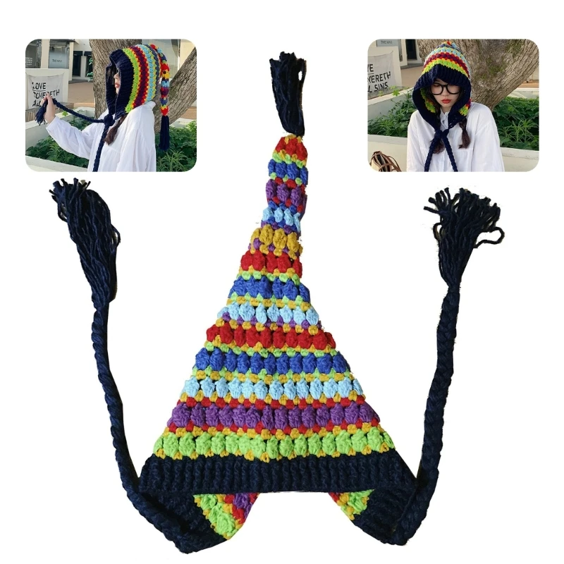 

Winter Keep Warm Crochet Bucket Hat Ladies Windproof Commute Camping Long Tail Hat with Rainbow Color for Girlfriend
