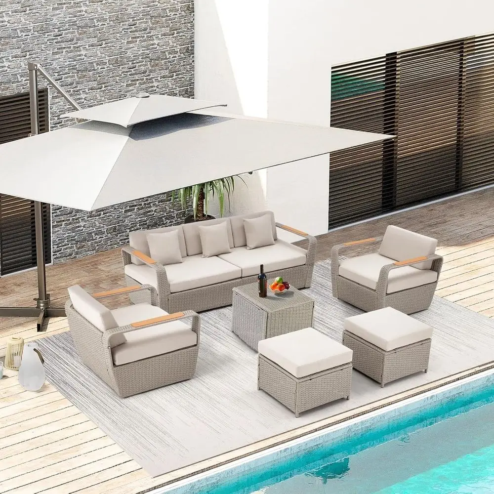 Light Gray Outdoor Sectional Patio Furniture Set with Ottoman and Side Coffee Table for Garden, Porch, Backyard