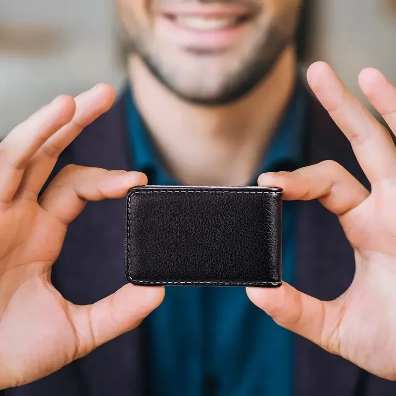Vertical PU Leather Business Card Holder Wallet with Magnetic Closure