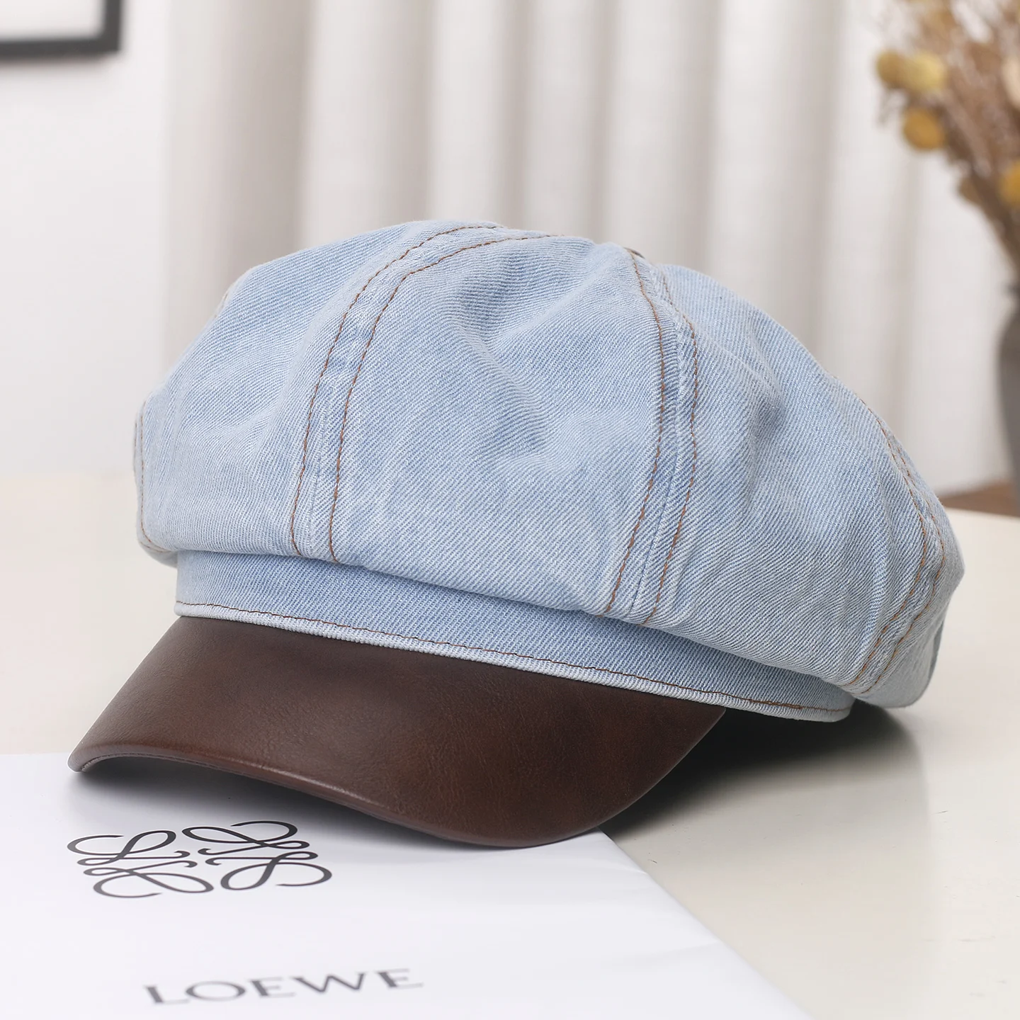 Vintage-Zeitungsjungenmütze aus gewaschenem Denim – achteckige Baskenmütze im Used-Look für Damen | Herbst Winter Mode Hut Pu Leder Krempe Maler Kappe – Detail 1