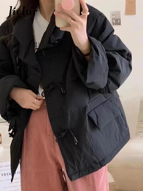 Jielur Light Blue Korean Sweet Fashion Classic Button Loose Female Parka