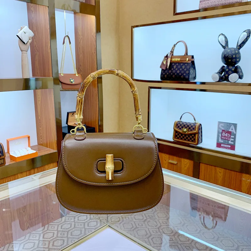 Genuine Leather Handbags for Women, Ladies Designer Bag, Luxury Natural Bamboo Handle Bags, High Quality, Trend