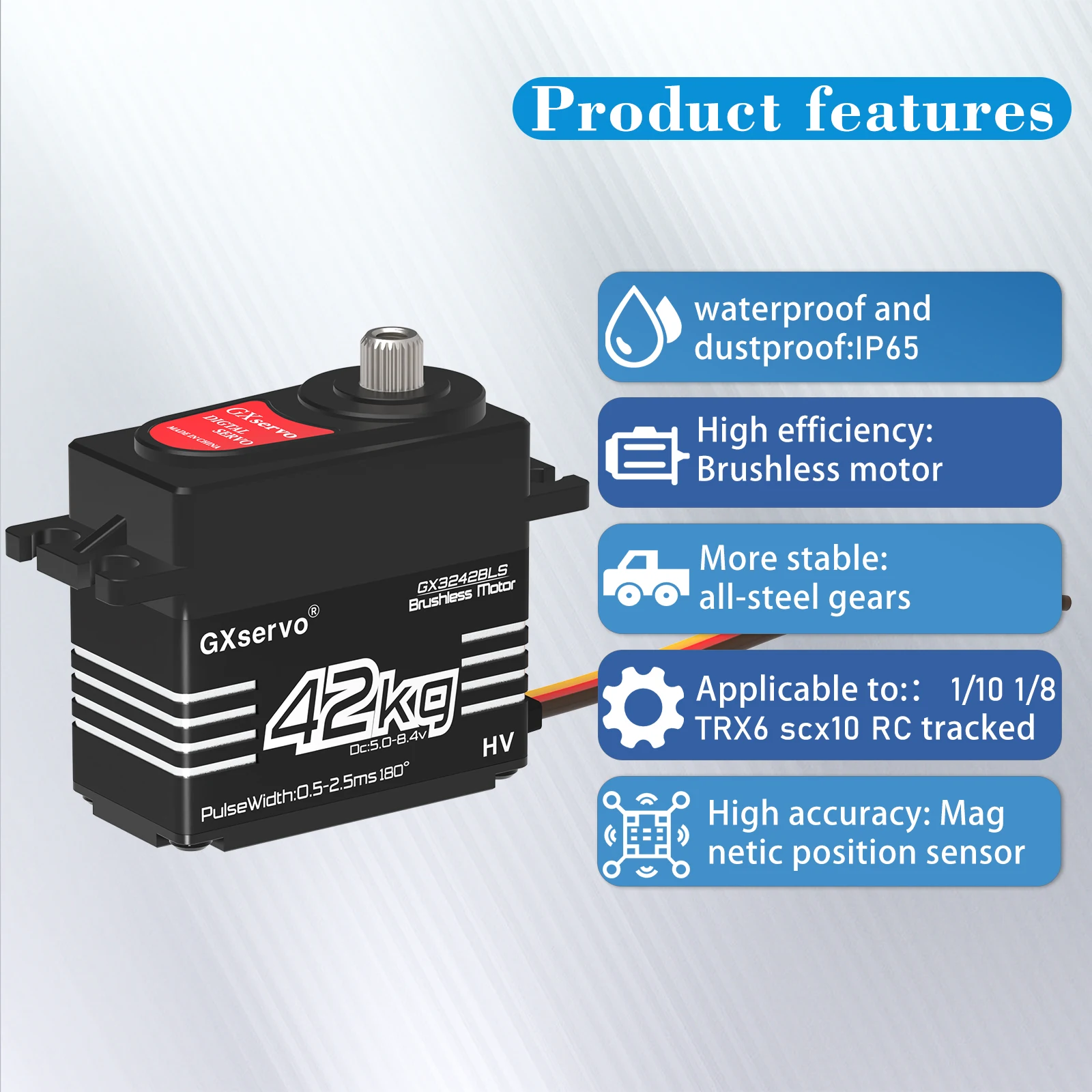 Servomoteur RC sans balais 42kg étanche, vue latérale avec dissipateur thermique et câble de signal.