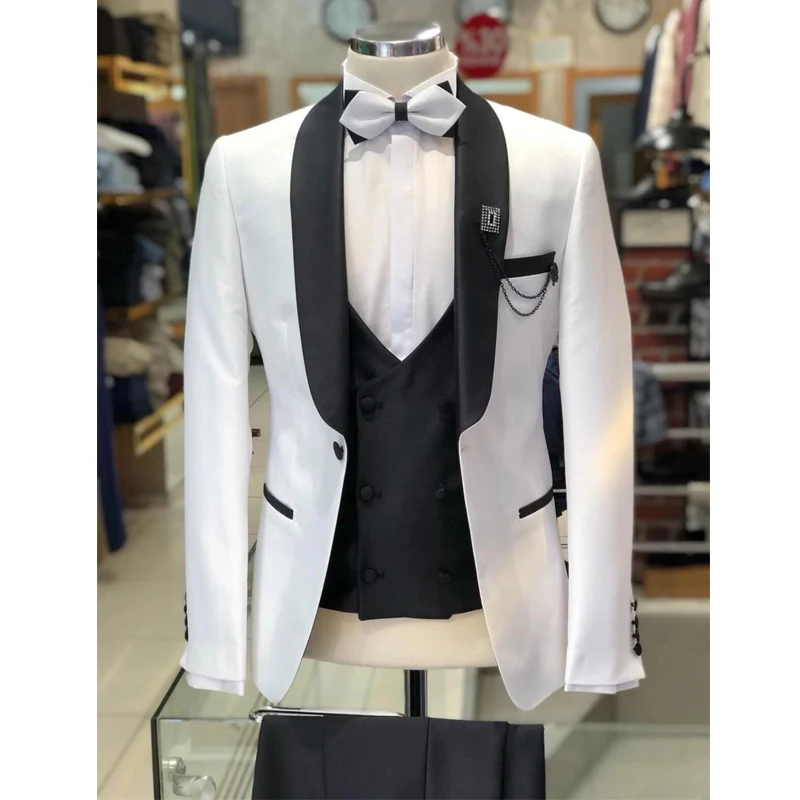 

3 Pieces Slim Fit Wedding Tuxedos White Men Suits Jacket with Black Pants Vest Notched Lapel Groomsmen Wear Fashion Prom Blazer