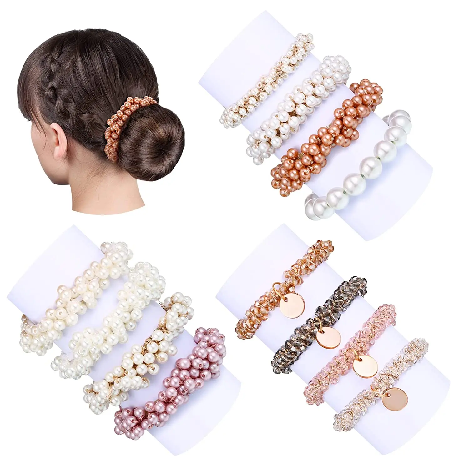 12 Pieces Beaded Bracelet Hair Ties Hair Bands Ropes Pearl Hair Ties