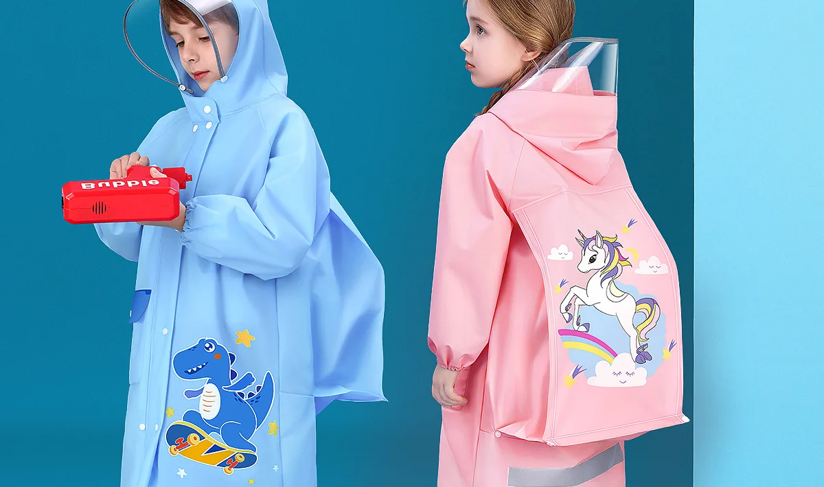 Whole Body Waterproof Kids Rain Poncho - EVA Children's Raincoat for Girls and Boys in Kindergarten with Schoolbag