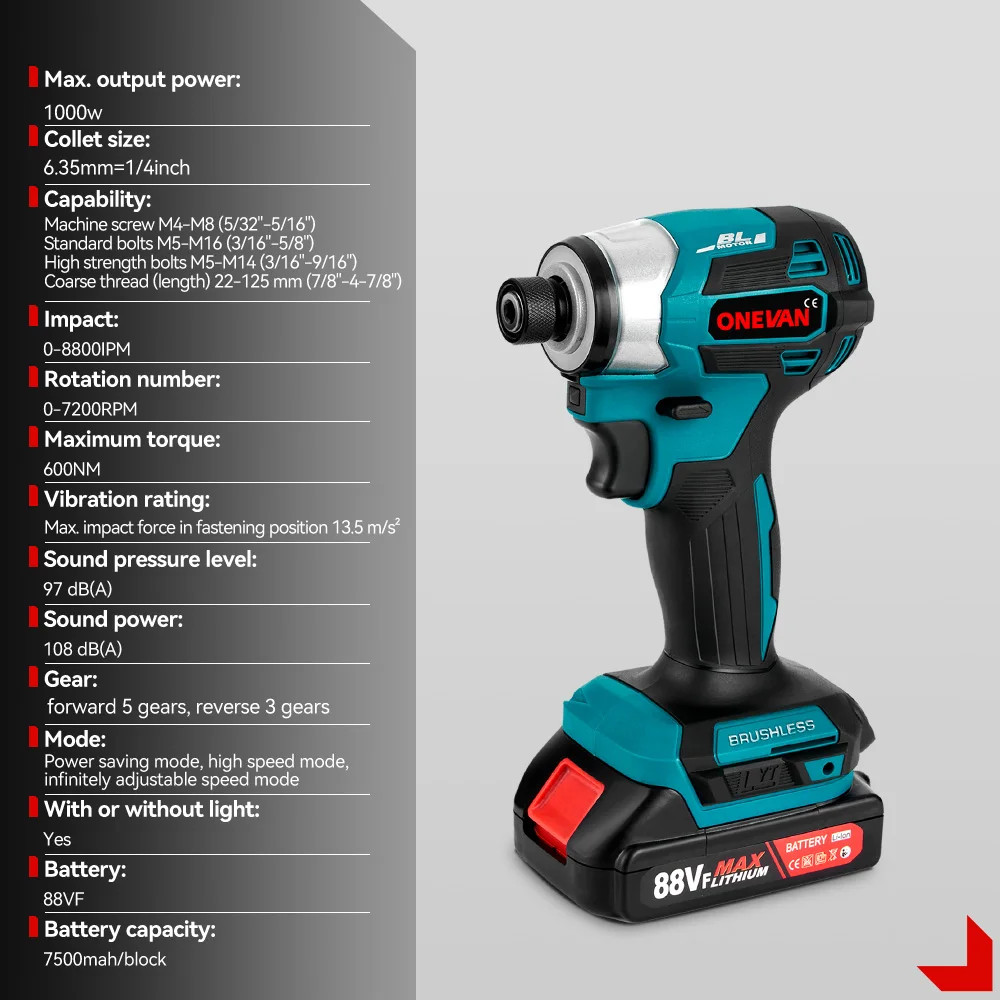 ONEVAN 600N.m Brushless Electric Screwdriver 5-Speed Cordless Electric Impact Driver Kit Drill Tool For Makita 18V Battery Pin