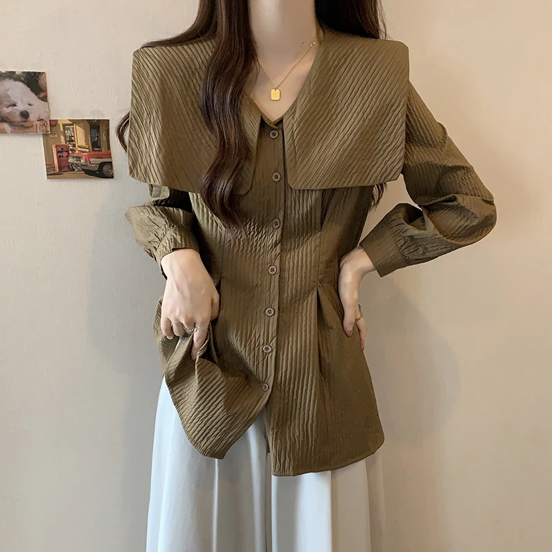 

Large size women's autumn new chubby mm covered belly top for slimming medium length doll neck long sleeved shirt for women