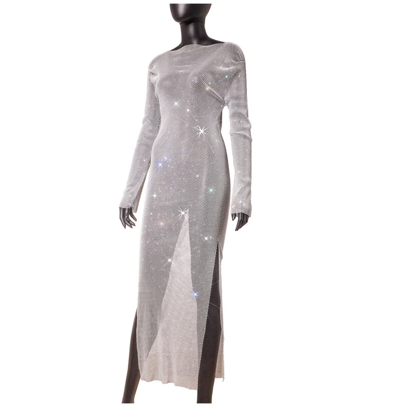 2025 Neues Design, hochwertiges Mesh-Kristall-Strassstein, Rundhalsausschnitt, lange Kleider für Damen, elegantes Party-Abendkleid, Großhandel, OEM/ODM – Detail 8