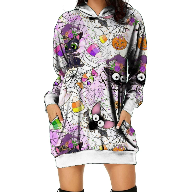 Womens Halloween Christmas Hoodies Dress 3D Printed Long Sleeve Oversized Pullover Hoodies Sweatshirt Sweaters Dress with Pocket