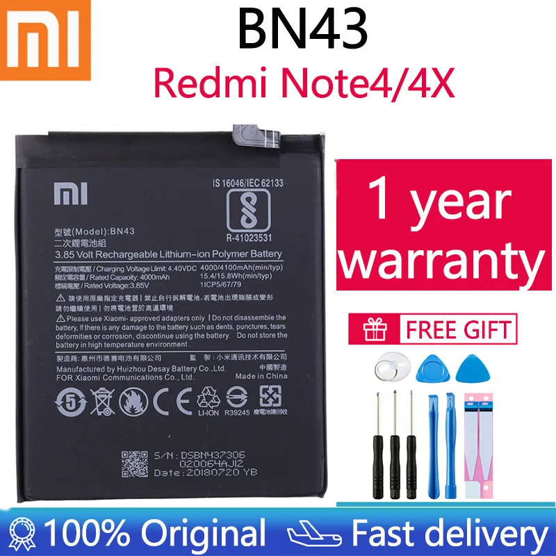 

100% Orginal BN43 battery 4000mAh For Xiaomi Redmi Note 4X / Note 4 global Snapdragon 625 High Quality BN43 Battery + Free Tools