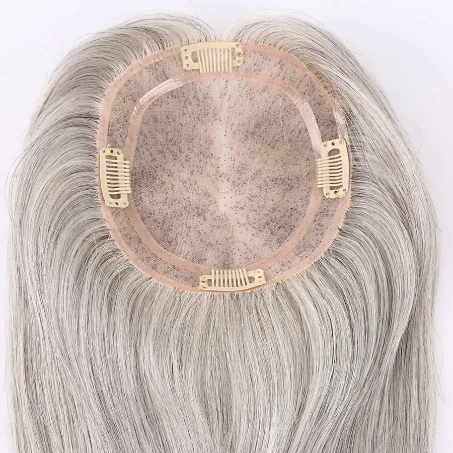 Sistema di Capelli Umani Vergini Russi Lisci 12-18 Pollici 1b Grigio Bianco, Parrucchino per Donne 5.5x6 Pollici, Topper in Monofilamento per Donna Bianca - immagine 2