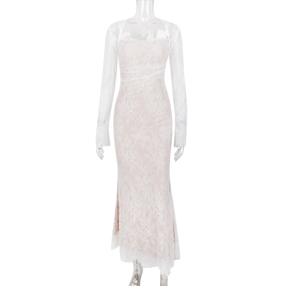 Fantoye Herbst Neue Doppel Schicht Spitze Frauen Zwei Stück Sets Weiß Langarm Spaghetti Strap Kleid Dünne Elegante Party Clubwear – Detail 17