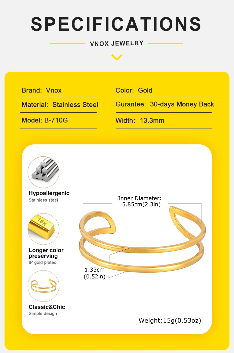 Vnox Minimalistisches Edelstahl-Armband mit doppelter Manschette, geometrische Ästhetik, vergoldete Armreifen, Damen-Handarm-Schmuckgeschenke – Detail 5