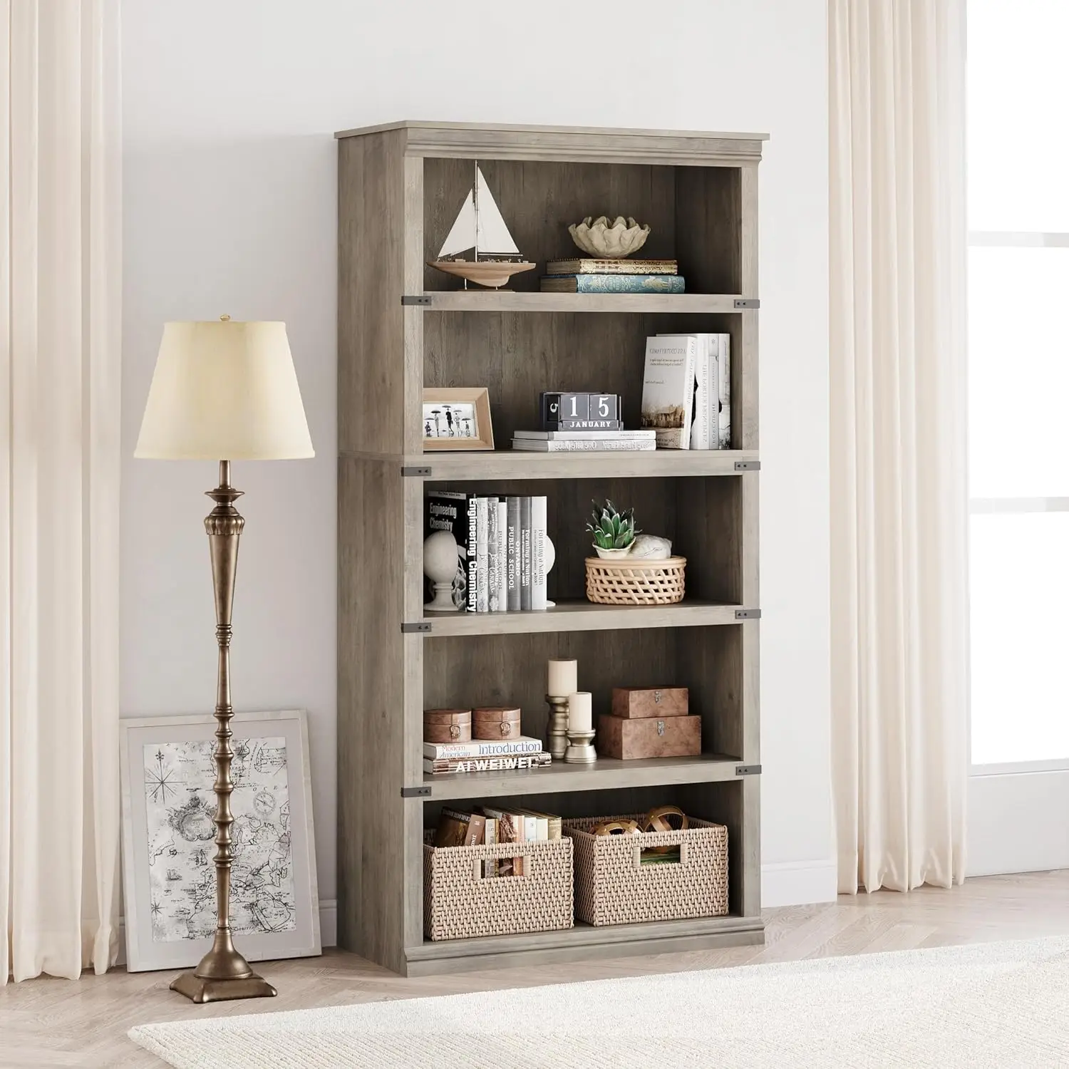 New 5 Tier Bookcase, Farmhouse Book Shelf with Storage, 71" Tall Book Case Wooden 5 Shelf Bookcase for Home Office, Living Room 2