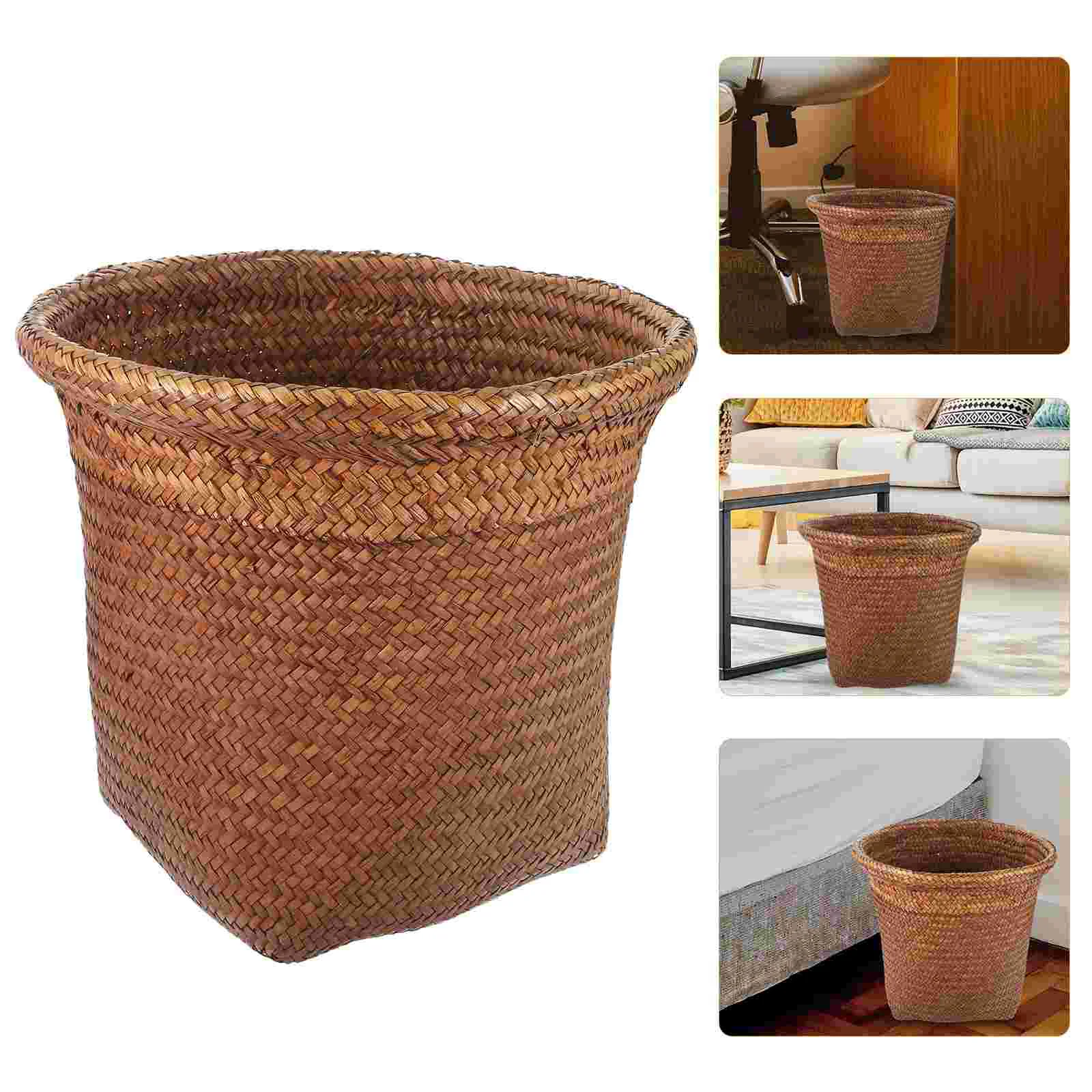 

Wicker Garbage Bin Fruit Basket Can Laundry with Lid Waste Holder Kitchen Trash Outdoor