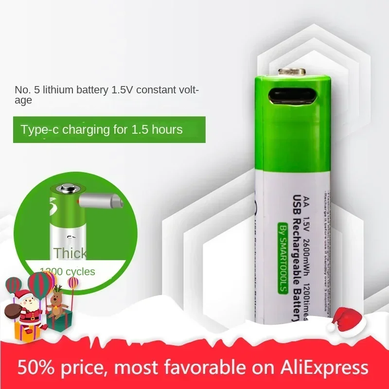 

High Capacity Rechargeable Batteries 5# 1.5v 2600mWh Fast Charge Type-C Port AA Battery for Toys and Doorbells