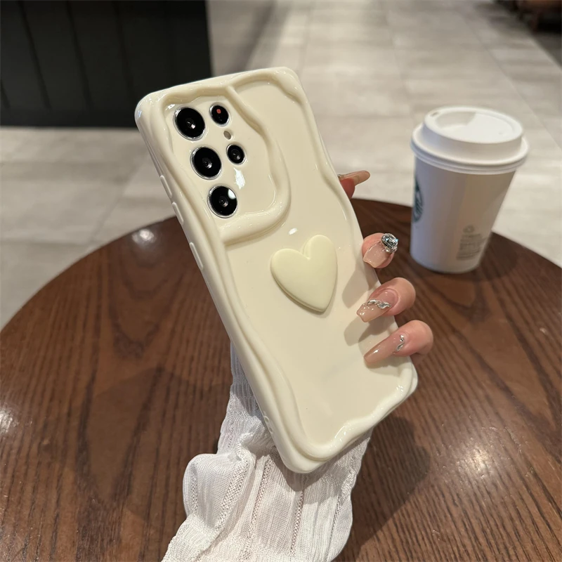 INS 3D Love Heart Silicone Soft Case For Samsung S24 S23 S22 Ultra A54 A53 A52 A50 A73 A33 A14 Simple Fashion Solid Color Cover_voghion.com