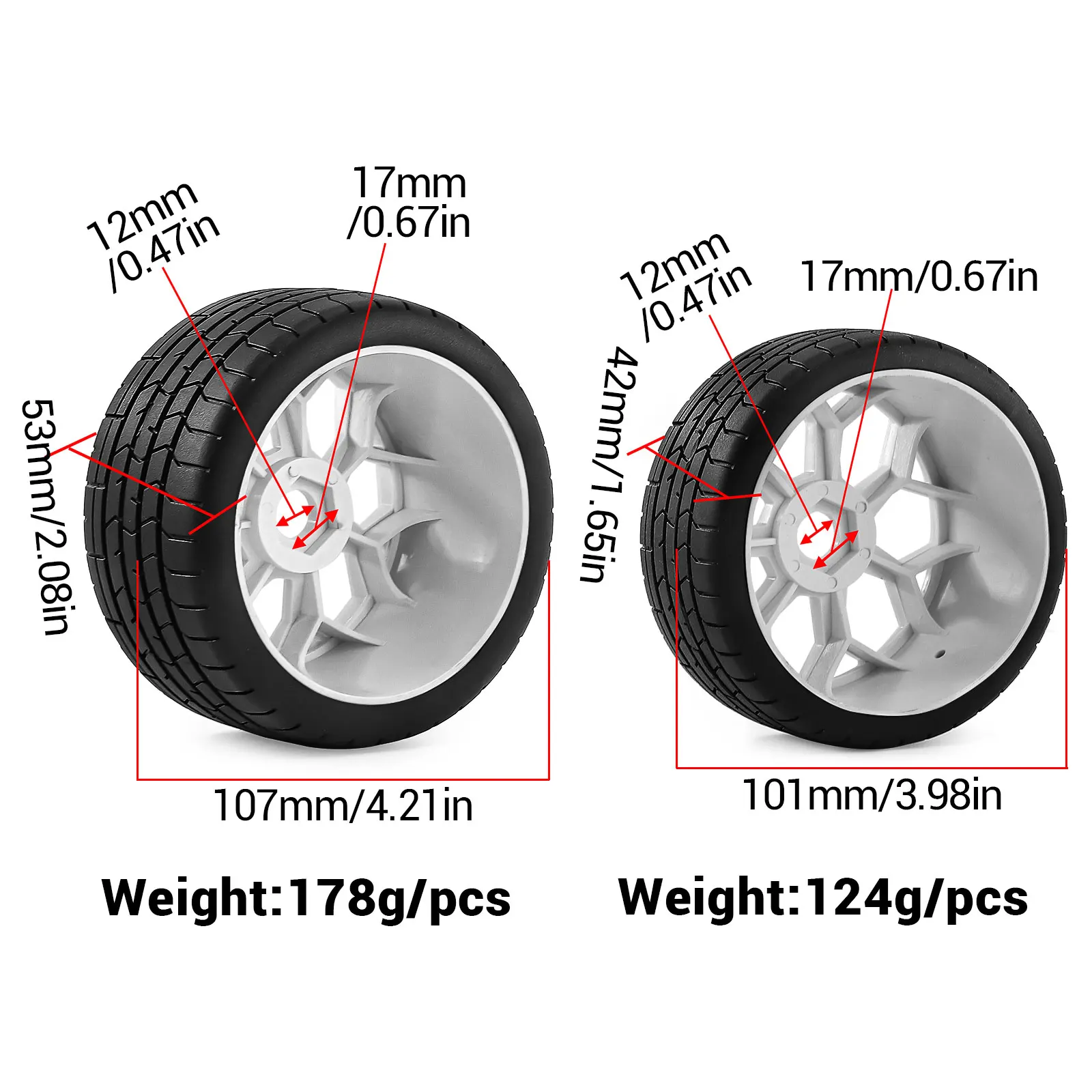 Détail des pneus avant plus étroits du jeu de pneus RC staggered pour ARRMA Infraction 6S.