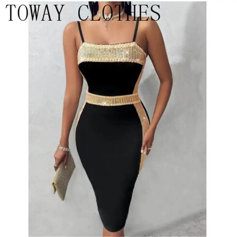 

Dresses for Women Contrast Sequin Spaghetti Strap Bodycon Dress Y2k Vestidos De Mujer Casual Elegant Midi Robe Female