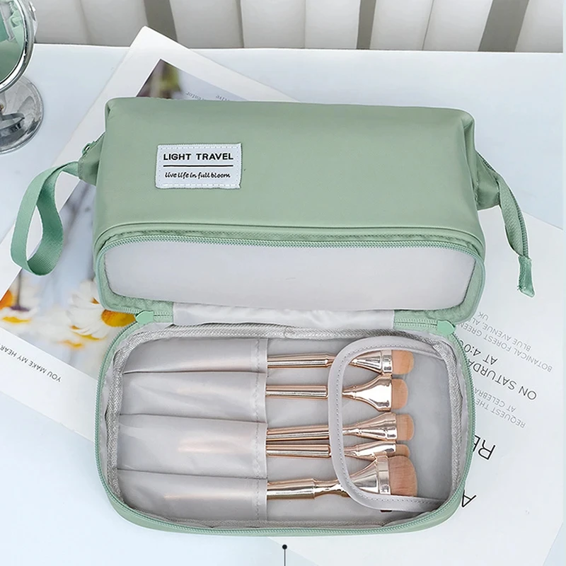Tragbare Kosmetikpinsel-Tasche für Reisen, große Kapazität, doppellagig, wasserdicht, Make-up-Tasche, Aufbewahrungstasche für Damen, Toilettenartikel-Organizer – Detail 6