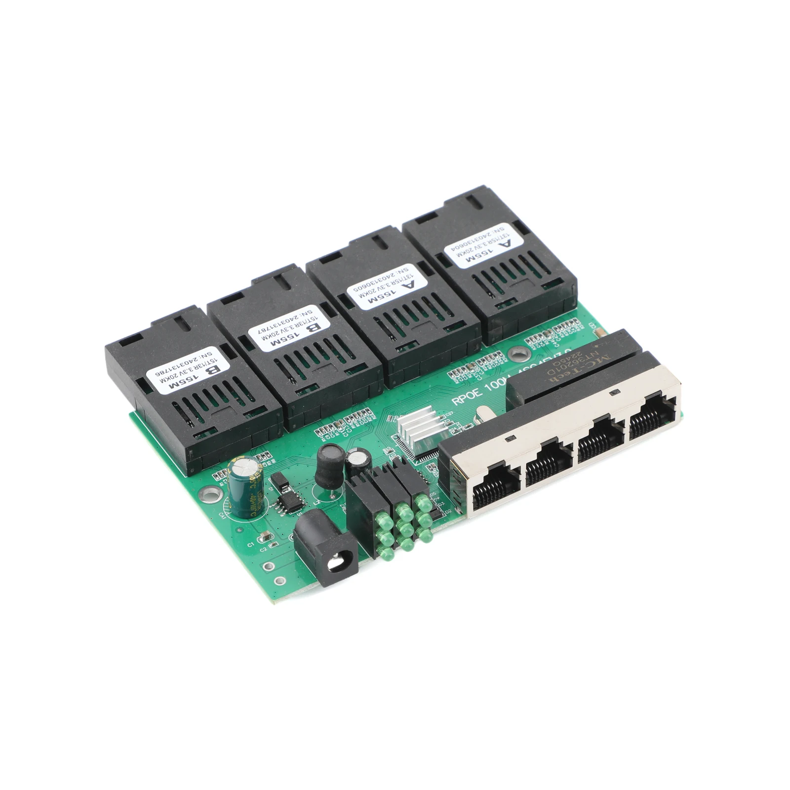 10M/100M PCBA Board Optic Media Converter 4RJ45 to 4SC 2A + 2B Fiber Optic Connector 1310nm/1550nm Ports 20KM Ethernet POE Switch