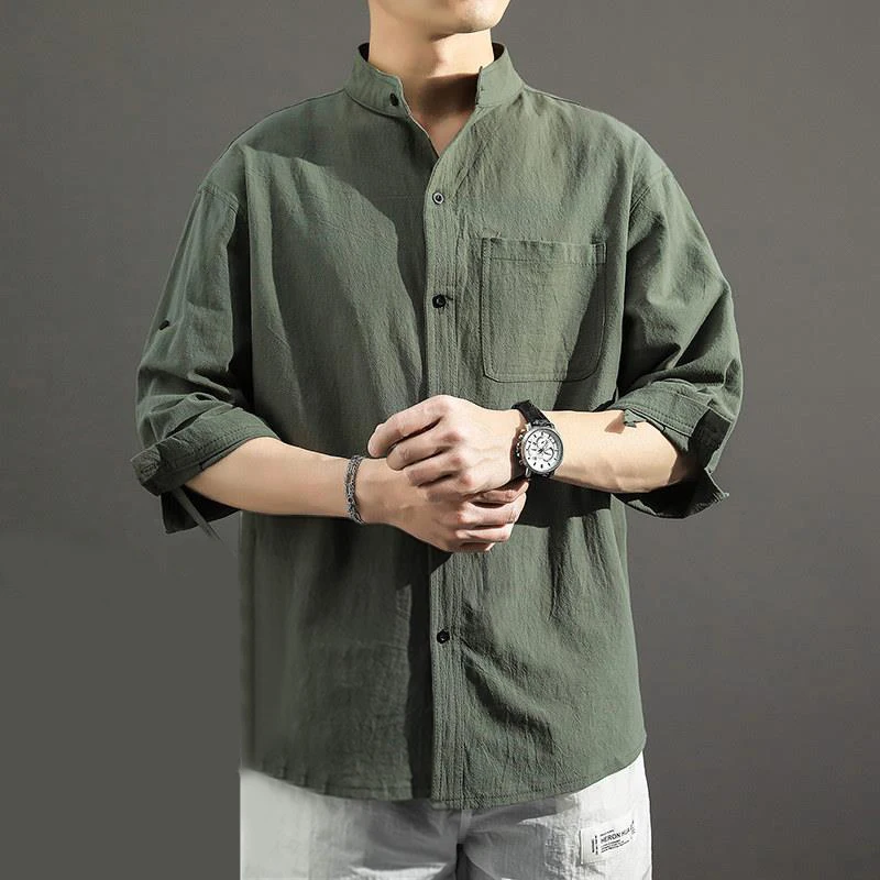 

Men's Clothing 2023 Spring Summer Vintage Stand Collar Solid Cotton Linen Shirt Male Casual Hawaiian Beach 3/4 Sleeve Loose Tops