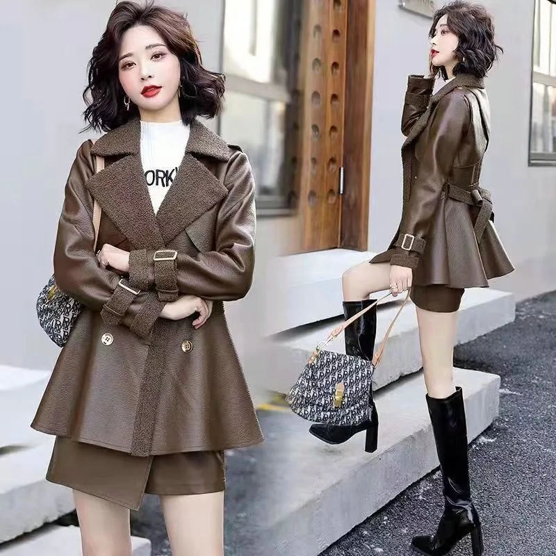 2023 New Autumn Winter Women Fur Integrated Coat Fashion Thickened Leather Jacket Washed Set Imitation Outwear