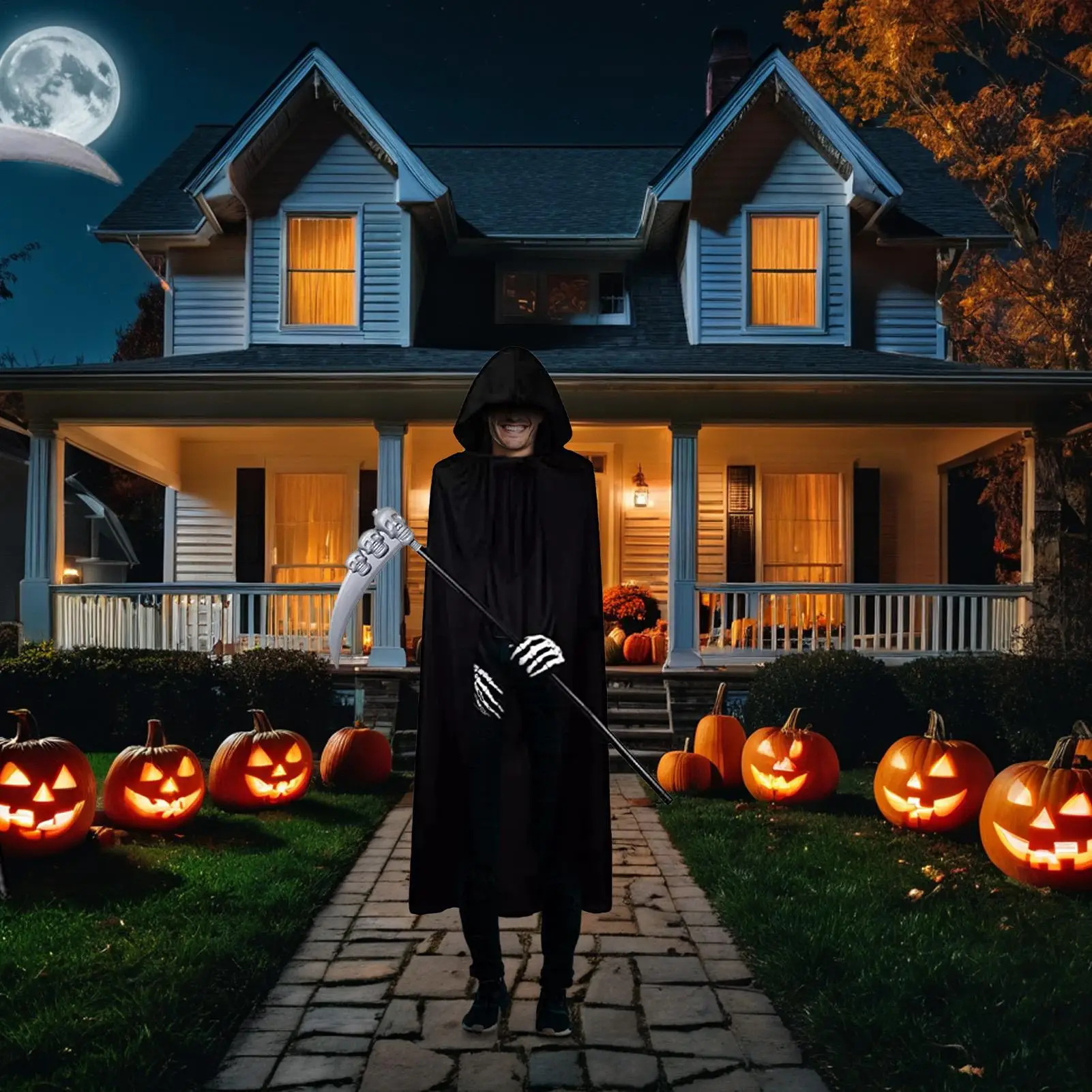 Black Cloak With Hood Halloween Witch Vampire Cosplay Black Cape Full Length Unisex Dress Up Clothes With Gloves Cosplay