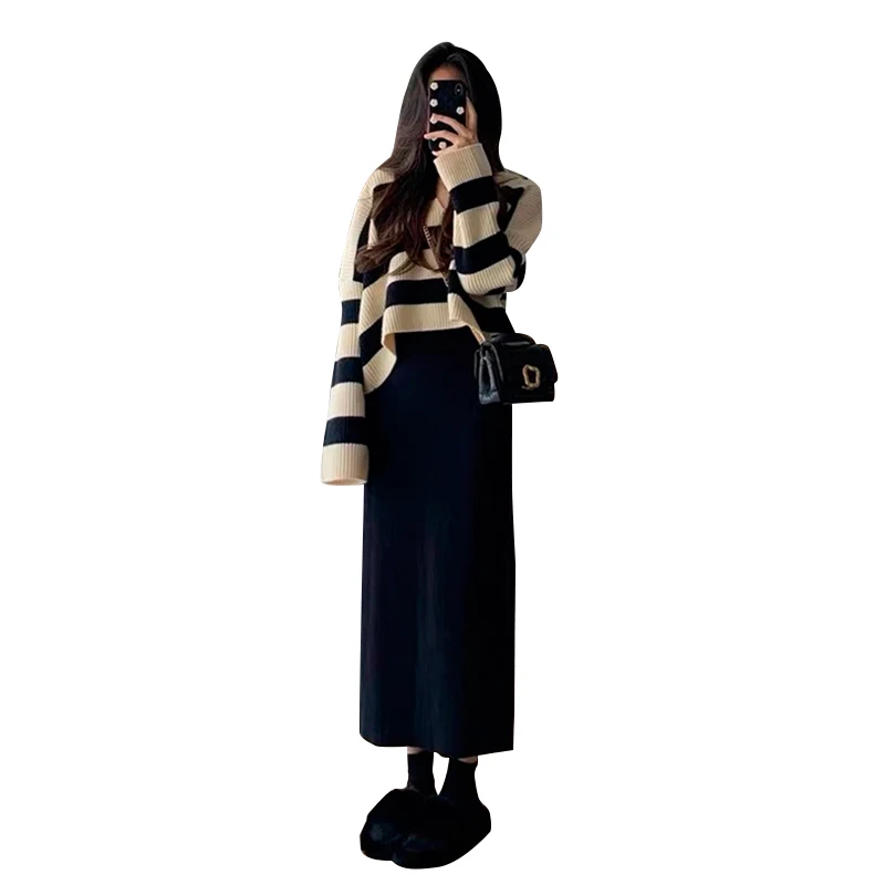 Autumn Women's New Year's Clothes Set Slim Fashionable Strap Dress V-Neck Long Sleeve Striped Sweater Two Piece Set Maternity