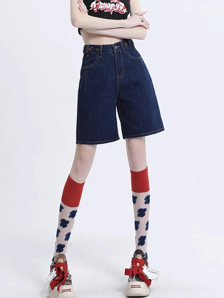 New Women Summer Denim Shorts Fashion High Waist A-Line Vintage Blue Thin Shorts Casual Simplicity Loose Jeans Shorts