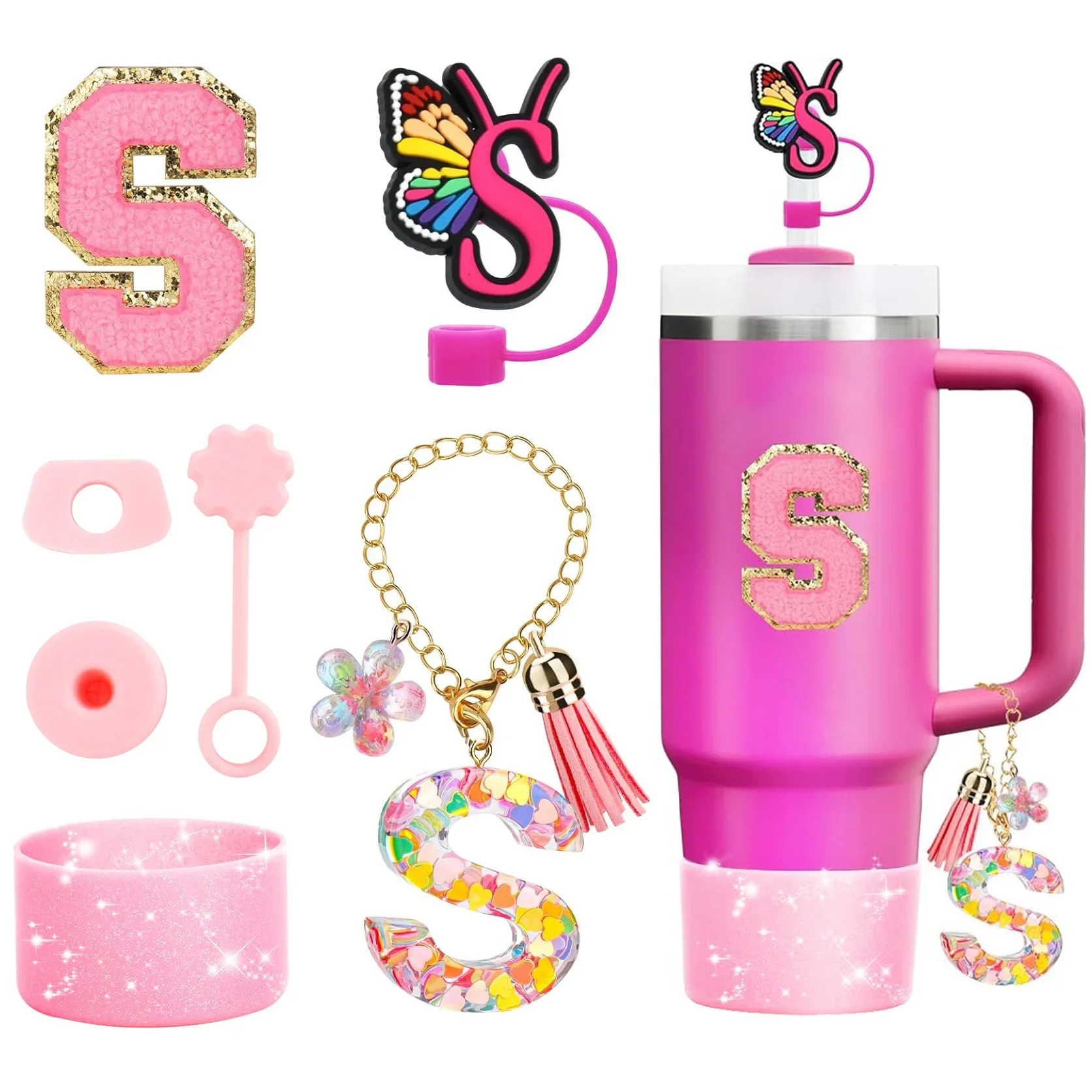 7-teiliges Tassen-Zubehör-Set für Stanley 30oz 40oz Tumbler Initialen, Silikon-Stroh-Abdeckkappe, Stiefel-Buchstaben-Griff, Charm-Aufkleber