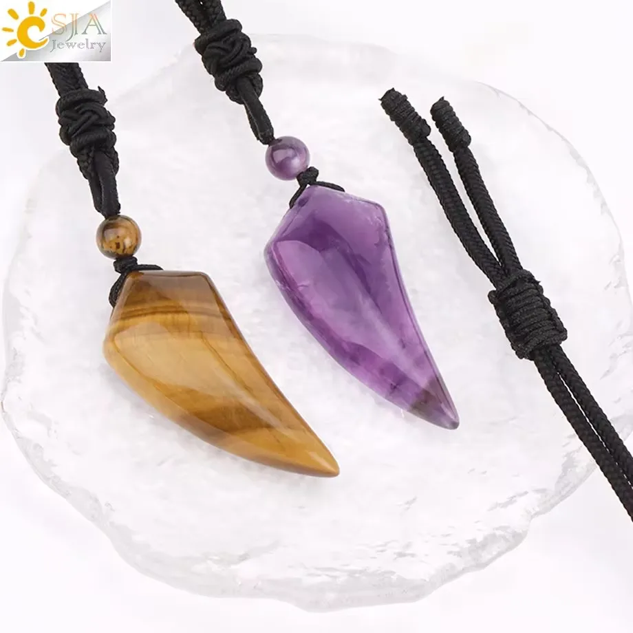 Natural Stone Necklace Trendy Men And Women Natural Stone Wolf Shark Tooth Pendant Amethyst Tiger eye Crystal Black Obsidian Necklace