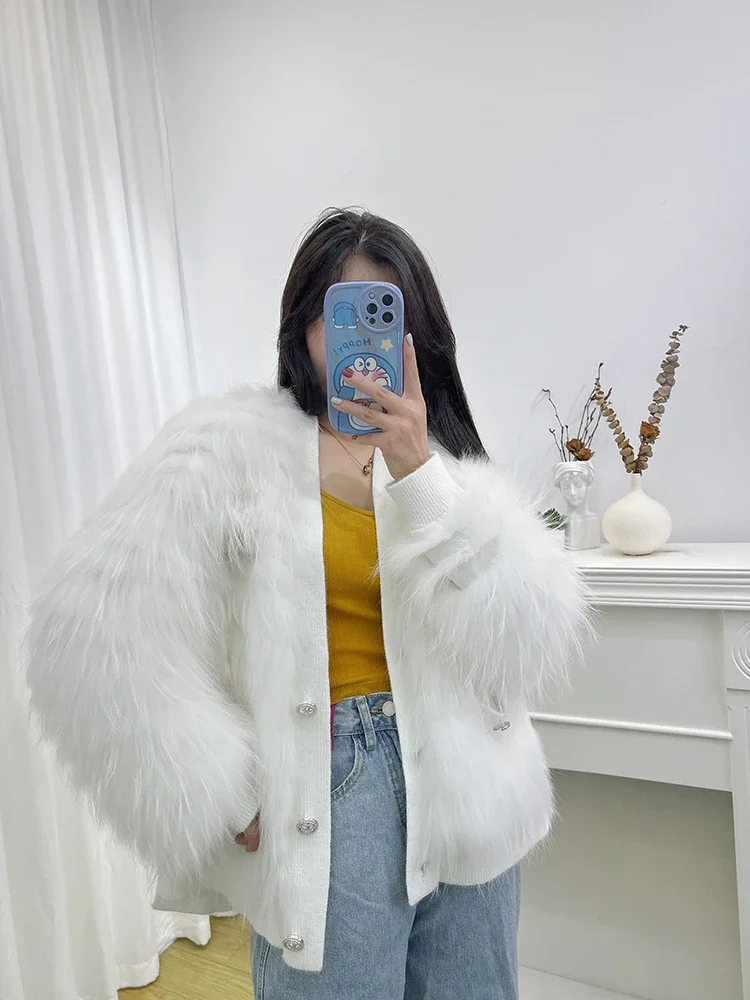 Real Fox Fur Coat Female Raccoon Hair Braided Short Young Solid Fashion Slim Fur Knitted Office Lady Women's Clothes Winter 2023