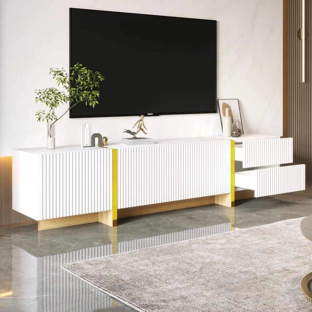 PINGGO 190CM TV-Schrank mit 3 Türen 2 Schubladen Weiß Holzschnitzerei Goldene Akzente Wohnzimmer Unterhaltungscenter – Detail 6