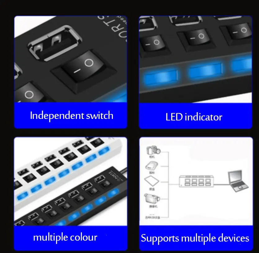 4/7 in 1 Multi USB Splitter Hub USB Hub 2.0 Use Power Adapter USB 2.0 Multiple Expander Switch Hub Docking Stations 30CM Cable
