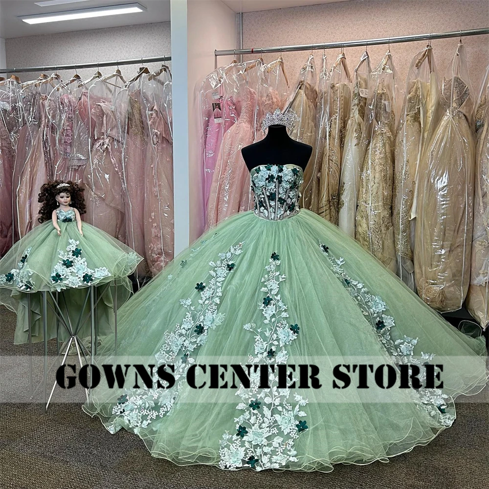 

Sage Green Tulle Quinceanera Dresses Lace Appliques Ball Gown Birthday Gown Sweetheart Sweet 16 Dresses vestidos de 15 quinceañe