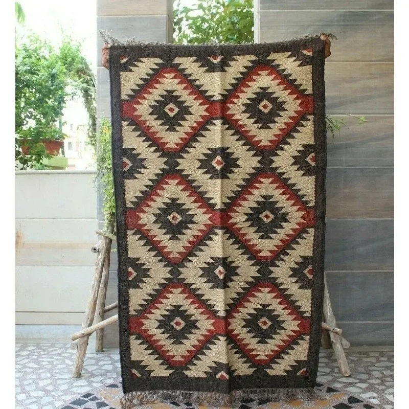 

Jute Wool Rug Woven Mat Boho Patterned Turkish Area Kilim Dhurrie Livingroom Rug