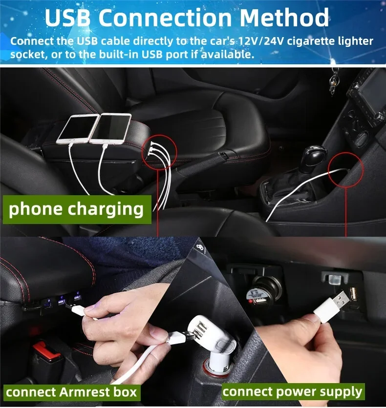 Toyota Hilux 자동차 팔걸이 상자 수정 개조 부품 보관함 USB LED 가죽 팔걸이 센터 콘솔