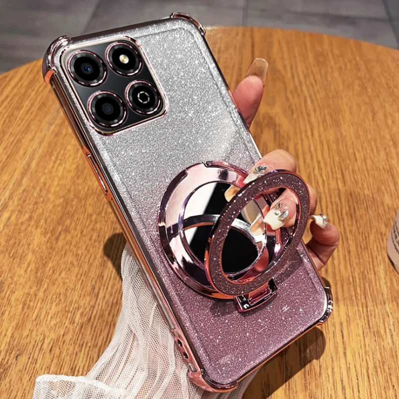 Airbag Glitter Shockproof Silicone Phone Case with Mirror Magnetic Holder and Stand