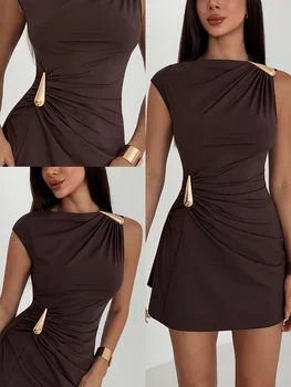 Women's Casual Style Sleeveless Pleated Mini Dress Form-Fitting Knitted Fabric Asymmetric Neck Design 1