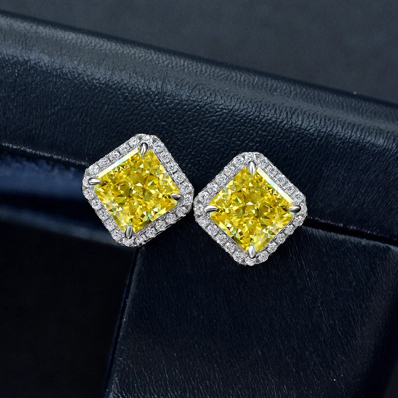 OEVAS 100% 925 Sterling Silver 7*7mm Aquamarine Yellow Pink High Carbon Diamond Stud Earrings For Women Sparkling Fine Jewelry