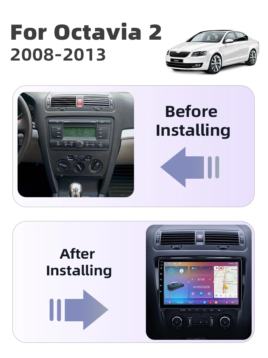 Android 14 Autoradio für Skoda Octavia 2 A5 2004-2013 2Din DVD 4G WiFi GPS-Navigation DSP CarPlay Android Auto Multimedia-Player – Detail 1