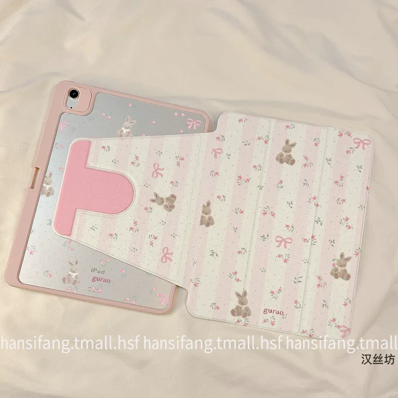 720° Rotating Pink Flower Rabbit Triple Fold Pad Case