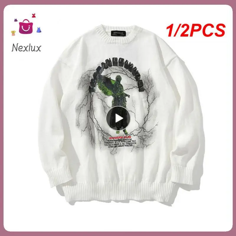 

1/2PCS Autumn Men Knitted Jumper Sweaters Hip Hop Angel Print Knitwear Streetwear Harajuku Oversized Hipster Casual