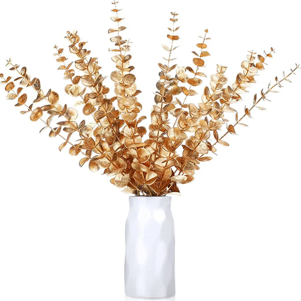 Set of 5 Artificial Gold Eucalyptus Stems for Wedding and Home Decor